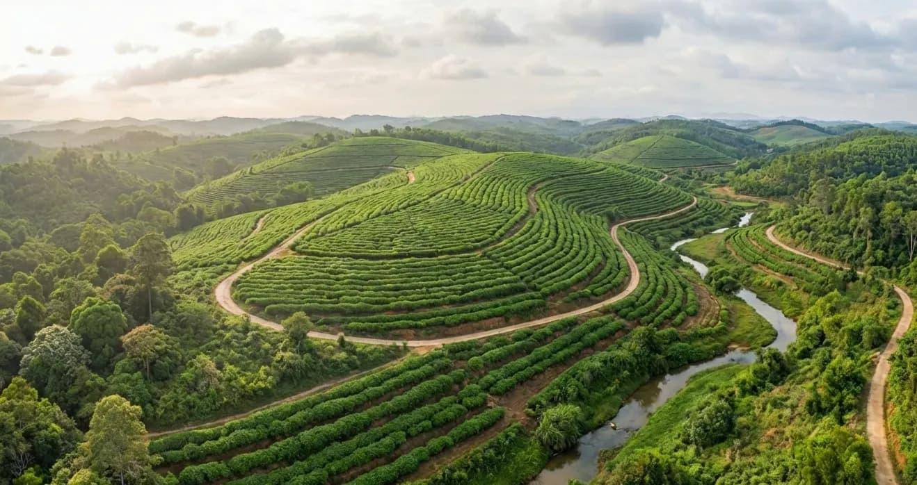 Aerial view of Indonesian essential oil farm terraces