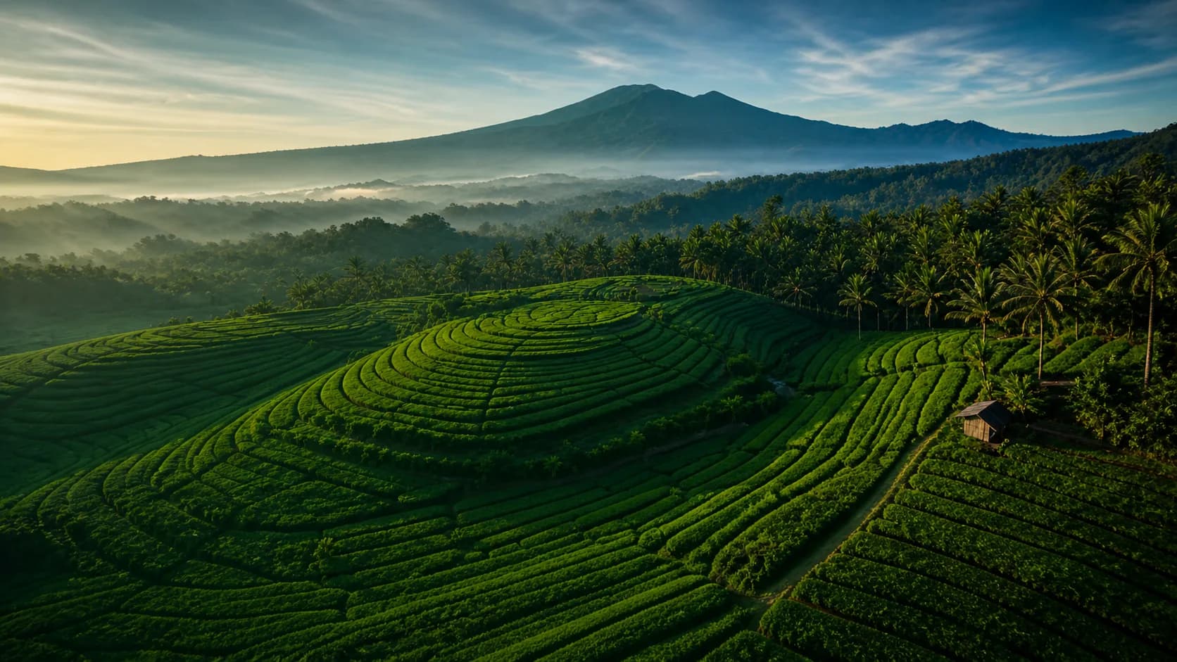 Aerial view of Indonesian essential oil farm terraces